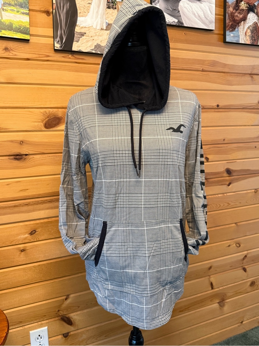 Hollister Gray Plaid Long-Sleeve Hoodie with Black Accents
